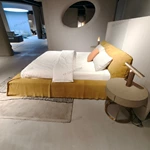 Warm Yellow Suede Upholstered Bed with Minimalist Half-Slat Back Panel & Skirted Base